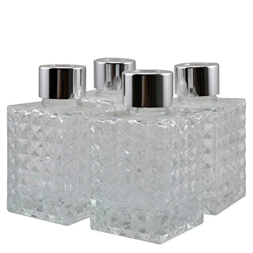 Ougual 4 Stück Quadrat Glasflaschen für Raumduft-Diffusor, Behälter für ätherische Öle (100ML, Silberkappen,Diamant Emboss) von Ougual