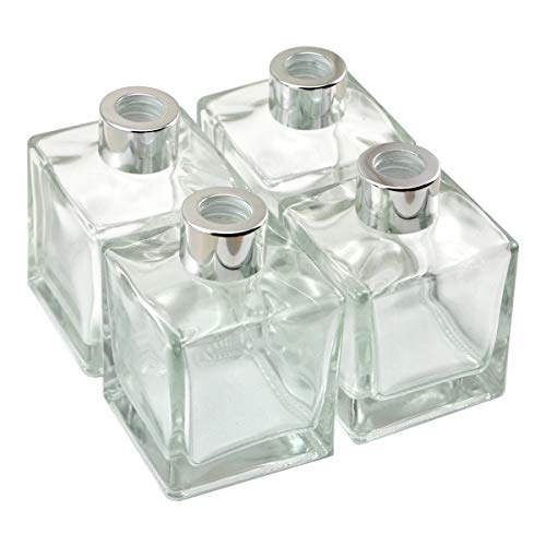 Ougual 4 Stück Quadrat Glasflaschen für Raumduft-Diffusor, Behälter für ätherische Öle (200ML, SilberneKappen) von Ougual