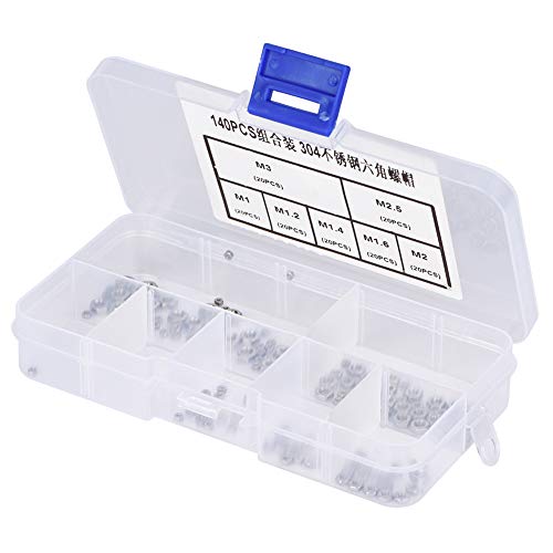 Ouitble Sechskantmuttern-Set, 140-teiliges Sechskant-Maschinenmuttern-Set aus Edelstahl 304 mit Aufbewahrungsbox für Sicherungsscheiben, Bolzen, Schrauben M1/M1.2/M1.4/M1.6/M2/M2.5/M3 von Ouitble