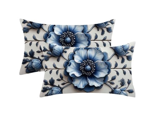 Kissenbezug 30x50 2er Set, Blau Kissenbezug Blume Muster mit Unsichtbarem Reißverschluss, Doppelseitig Leinen Frühlingsdekokissen für Sofa Schlafzimmer Deko Wohnzimmer, Geschenke für Frauen,Model1095 von Oujkeef
