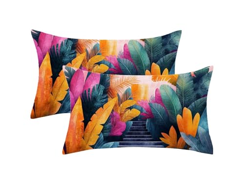 Kissenbezug 40x70 bunt 2er Set, Outdoor Kissen Wetterfest Leinen, Blatt Muster Kissenhüllen mit Unsichtbarem Reißverschluss, Sommer Dekokissen für Outdoor Deko Garten, Geschenke für Frauen,Model1028 von Oujkeef