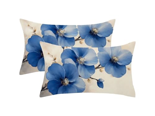 Kissenbezug 50x60 2er Set, Blau Kissenbezug Blume Muster mit Unsichtbarem Reißverschluss, Doppelseitig Samt Frühlingsdekokissen für Sofa Schlafzimmer Deko Wohnzimmer, Geschenke für Frauen,Model1086 von Oujkeef