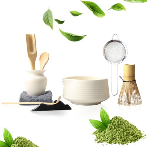 Matcha Set 9-teilig – Japanisches Matcha-Teezeremonie-Set in Mattweiß – mit Schale mit Ausgießer Schneebesen Teesieb Bambuslöffel Besenhalter Zubehör für Koicha und Usucha Matcha Set 9-teilig – Japanisches Matcha-Teezeremonie-Set in Mattweiß – mit Schale mit Ausgießer Schneebesen Teesieb Bambuslöffel Besenhalter Zubehör für Koicha und Usucha von OulQinyhome