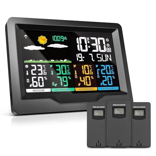 wetterstation funk mit außensensor,wetterstation,thermometer innen außen,wetterstationen innen und außentemperatur funk mit wettervorhersage,wetterstation funk mit 3 außensensor (Schwarzer Sensor) von Oule GmbH