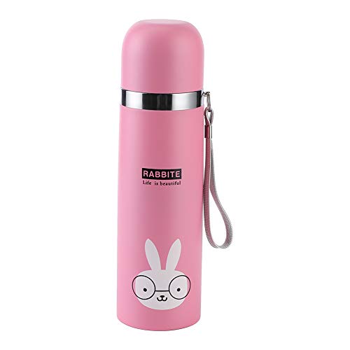 Kinder Vakuumflasche 500ml Thermoskanne mit schönen Cartoon Tiermuster Edelstahl Isolierung Trinkflasche Auslaufsichere Vakuumbecher(Rosa) von Oumefar