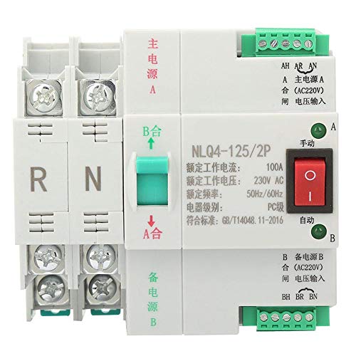 Oumefar 2P AC 230V Automatischer Übertragungsschalter mit doppelter Leistung Hochempfindlicher automatischer DIN-Schienen-Übertragungsschalter 63/80/100A für die Stromversorgung(100A) von Oumefar