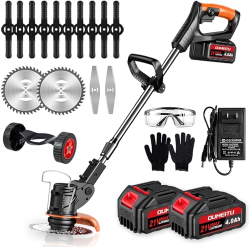 Akku Rasentrimmer mit Akku und Ladegerät, 3-in-1 Elektrischer Akku Motorsense & Rasentrimmer Rasen mit 2X 4.0Ah Akku & Metall Messer, Akku Freischneider für Rasenschneiden und Garten von Oumeitu