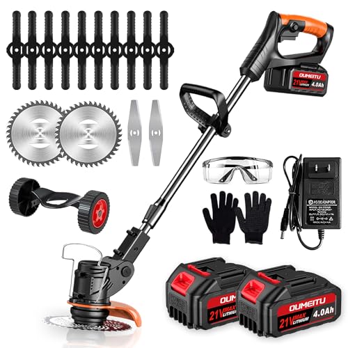 Akku Rasentrimmer mit Akku und Ladegerät,3-in-1 Elektrischer Akku Motorsense & Rasentrimmer Rasen mit 2X 4.0Ah Akku & Metall Messer & Teleskopstange, Akku Freischneider für Rasenschneiden und Garten von Oumeitu