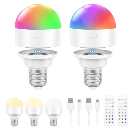 Oumida USB-C Wiederaufladbare Glühbirne mit Fernbedienung, E27 RGB Farben LED Glühbirne mit Batterie, 3W Touch Control Akku Glühbirne Mit Timing-funktion, Notlicht Mit Magnetische (Weiß*2) von Oumida