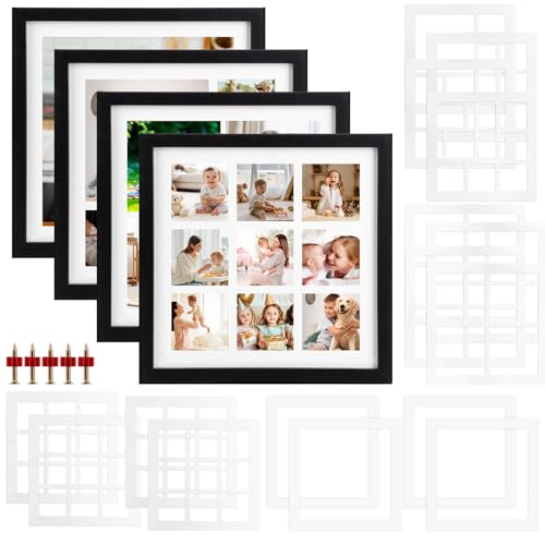 Oungy 4 Stück Bilderrahmen Collage mit 4 Arten von Passepartouts, insgesamt 16 Blatt, Bilderrahmen Mehrere Bilder Fotorahmen für Mehrere Fotos, 25x25 cm Bilderrahmene Schwarz für Mehrere Bilder von Oungy