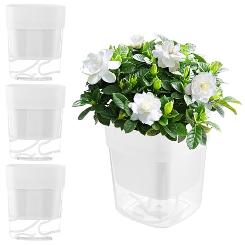 Oungy 4 Stück Selbstbewässerungstopf 12 cm, Weiß Blumentopf mit Bewässerungssystem, 12 cm Blumentopf Selbstbewässernd, Basilikum Topf mit Dochtsystem, Kräutertopf Küche für Innen und Außen von Oungy