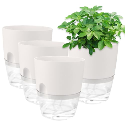Oungy 4 Stück Blumentopf Selbstbewässernd, Selbstbewässerungstopf mit Wasserspeicher, 15.3 cm Kräutertopf Selbstbewässernd, Blumentopf Mit Bewässerungssystem für Innen Balkon Schlafzimmer (Weiß) von Oungy
