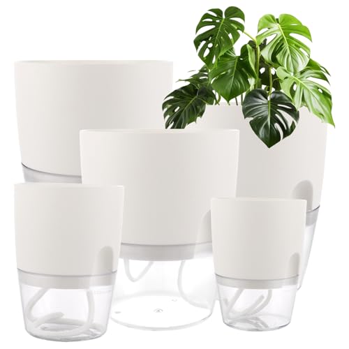 Oungy 5 Stück Blumentopf Selbstbewässernd, Selbstbewässerungstopf mit Wasserspeicher Kräutertopf Selbstbewässernd Blumentopf mit Bewässerungssystem für Innen Balkon Schlafzimmer 15.3/10.5/8.2cm(Weiß) von Oungy