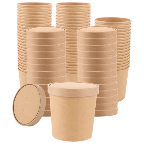 Oungy 50 Stück Suppenbecher To Go Papper mit Deckel, Pappbecher mit Deckel 780ml, Einwegbecher mit Deckele 27oz Pappbecher Braun Eisbecher Pappe Suppenbecher Pappe für Suppe Salat Nachtisch Vorspeisen von Oungy