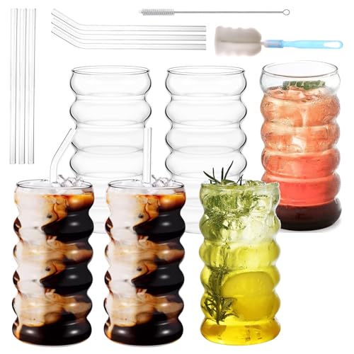 Oungy 6 Stück Bubble Gläser 450ml Gerippte Trinkgläser, Kaffee Gläser mit Glasstrohhalme, Eiskaffeegläser mit Pinsel, Bubble Glas, Kaffeegläser, Bubblegläser Geriffelt für Wasser Trink Saft Oungy 6 Stück Bubble Gläser 450ml Gerippte Trinkgläser, Kaffee Gläser mit Glasstrohhalme, Eiskaffeegläser mit Pinsel, Bubble Glas, Kaffeegläser, Bubblegläser Geriffelt für Wasser Trink Saft von Oungy