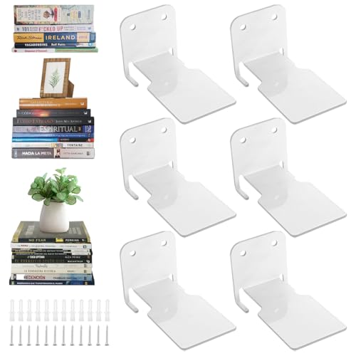 Oungy 6 Stück Unsichtbares Bücherregal Schwebendes Bücherregal mit Montagematerial Metall Wandregal Bücher Robuste Bücherregals Wand Hängend Mehrzweck Bücher Wandregal für Büro Küche Wohnzimmer (Weiß) von Oungy