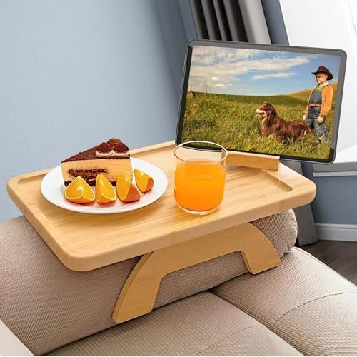 Oungy Armlehnen Tablett Holz, Sofatablett mit 360° Drehbarer Handyhalterung, Faltbarer Couch Tablett, Rutschfestes Sofatablett Armlehne, Sofa Tablett für Snacks, Telefon, Steuerung, Becher (Rectangle) von Oungy