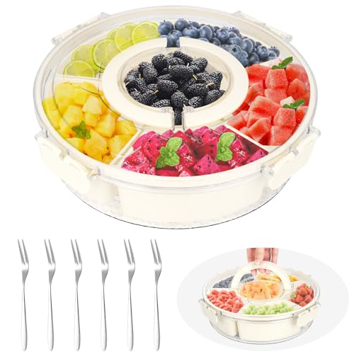 Oupuven Snackbox mit Fächern, Rund Snackbox Drehbar mit Deckel und Griff, Snackschale mit 6 Schalen und 6 Obstgabel, Jausenbox mit Fächern Aufbewahrungsbox für für Party, Picknick (Runde) von Oupuven