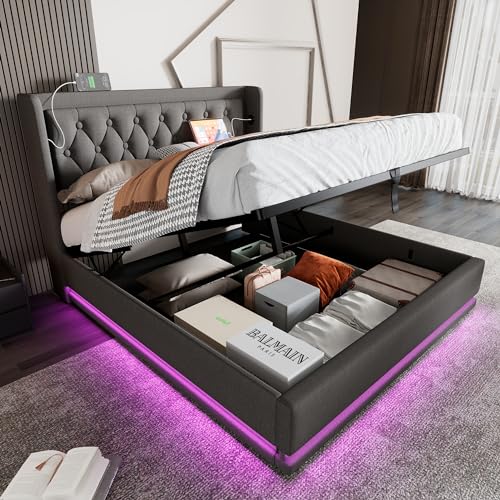 Gepolstertes Doppelbett, Hydraulisches Stauraum-Jugendbett 140 * 200 cm mit Lattenrost USB Typ-C Aufladung 3-seitige LED-Funktion, Moderner Baumwollrahmen, Ohne Matratze Grau von OurLeeme