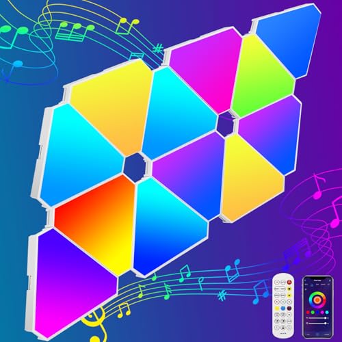12 Stück LED-Dreieckige Gaming-Wandleuchte, RGB-Panel mit Fernbedienung, Smart Wand Licht DIY Kombinierbar LED Lichtleisten, Musik Sync App-Steuerung Light Panel für Weihnachten Gaming Zimmer Deko von OurLeeme