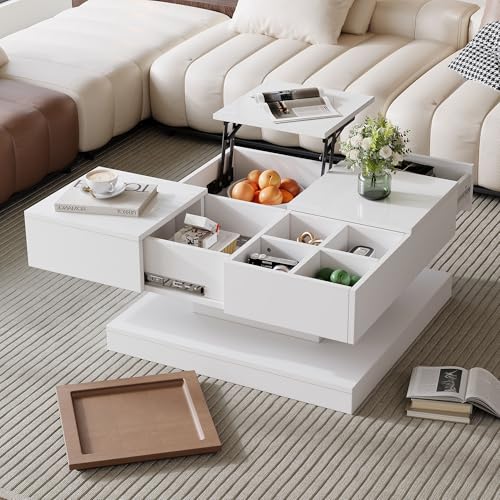OurLeeme Couchtisch, multifunktionaler geometrischer Wohnzimmertisch mit höhenverstellbarer Platte mit 4 Fächern in Hochglanz, erweiterbarer Stauraum, 75,5 x 75,5 x 38 cm von OurLeeme