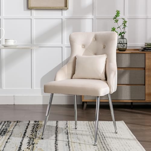 OurLeeme Esszimmerstuhl mit Knopfmuster, eleganter gepolsterter Sessel, Frisiertisch, moderner Loungesessel mit Metallbeinen, Lendenkissen für Schlafzimmer und Wohnzimmer (Beige) von OurLeeme