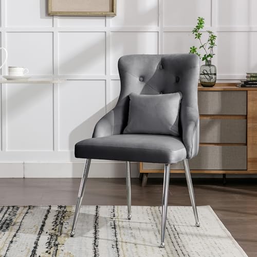 OurLeeme Esszimmerstuhl mit Knopfmuster, eleganter gepolsterter Sessel, Frisiertisch, moderner Loungesessel mit Metallbeinen, Lendenkissen für Schlafzimmer und Wohnzimmer (Grau) von OurLeeme