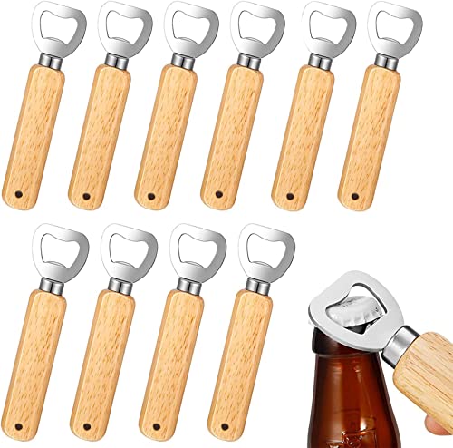 Flaschenöffner, 10 Stück Natur Holzgriff Bier Flaschenöffner mit Tragbare Lochdesign Edelstahl Kapselheber Großes Geschenke für Männer Weihnachts Neujahrs Party von OurLeeme