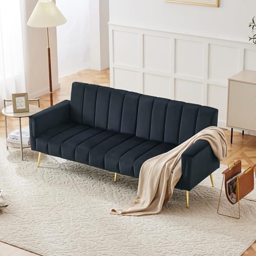 OurLeeme Klappbares Schlafsofa, Modernes 4-Sitzer Schlafsofa mit Zusatzfüßen und Schlaffunktion, Geeignet für Wohnzimmer Heimkino Schlafzimmer Gästezimmer, Samtstoff (Schwarz) von OurLeeme