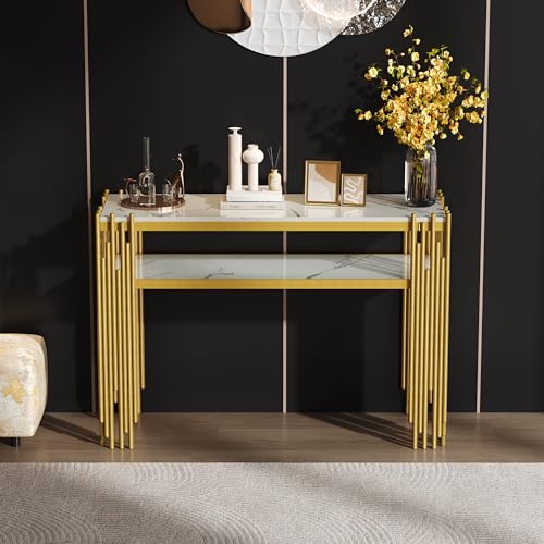 OurLeeme Mid-Century Modern Wohnzimmer Beistelltisch, 128 x 44 x 80 cm Konsolentisch Schwarzer Korpus mit goldenen Beinen, Doppelschicht MDF Maximale Belastung 40 kg (Weiß) von OurLeeme
