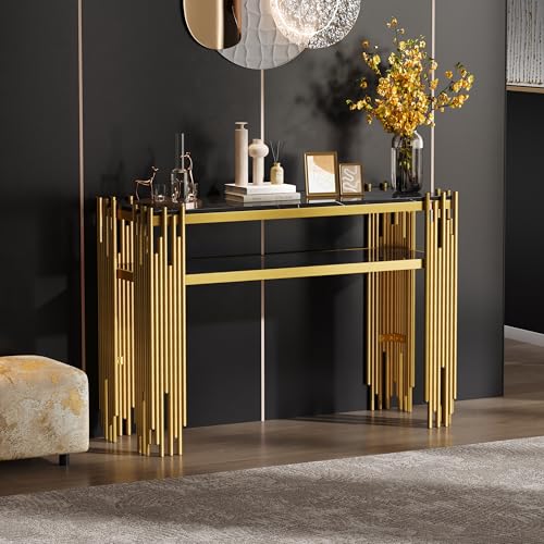 OurLeeme Mid-Century Modern Wohnzimmer Beistelltisch, 128 x 44 x 80 cm Konsolentisch Schwarzer Korpus mit goldenen Beinen, Doppelschicht MDF Maximale Belastung 40 kg von OurLeeme