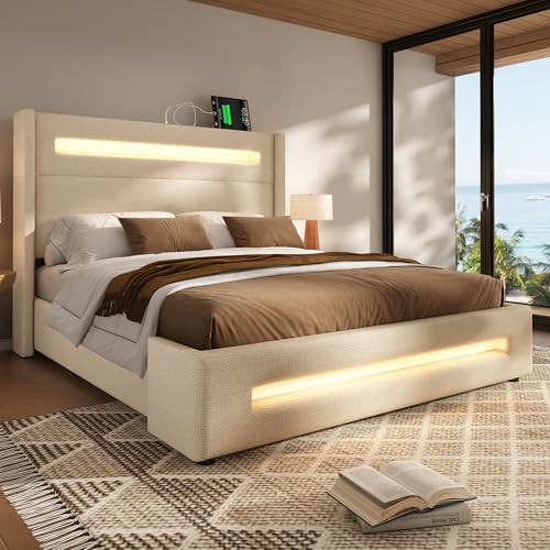 OurLeeme Polsterbett, Doppelbettgestell mit Ladestation und LED-Beleuchtung Moderner Metallrahmen mit Stauraum Holzlatten ohne Matratze, Beige 160x200 cm OurLeeme Polsterbett, Doppelbettgestell mit Ladestation und LED-Beleuchtung Moderner Metallrahmen mit Stauraum Holzlatten ohne Matratze, Beige 160x200 cm von OurLeeme