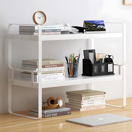 OurLeeme Schreibtisch Regal Holz Doppelschicht Bücherregal Klein Aufbewahrungsregal, Einfache Montage Ablage Display Regal Weiß Schreibtisch Regal für Bürobedarf, Bücher von OurLeeme