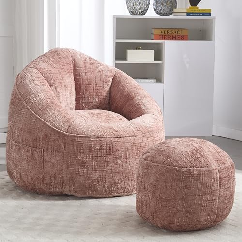 OurLeeme Sitzsacksofa mit Fußstütze, einzelner Sitzsack aus Hochdruckschaum, Kleiner Lounge-Sitzsessel, komprimierter Sessel für Wohnzimmer, Schlafzimmer, Gästezimmer, Kinderzimmer, Rosa von OurLeeme
