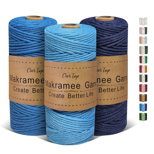 OurTop Premium Makramee Garn 3er Set, 3mm x 100m Macrame Cord Makramee Schnur Makramee Kordel, Garn für DIY Handwerk, Weben Dekoration, Hängepflanze Pflanze Aufhänger(Hellblau, Blau, Dunkelblau) von OurTop