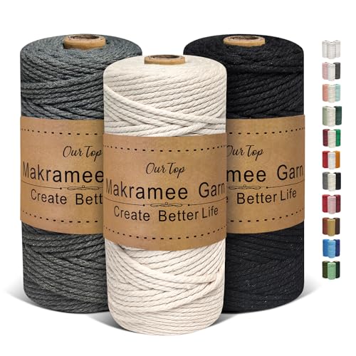 OurTop Premium Makramee Garn 3er Set, 3mm x 100m Macrame Cord Makramee Schnur Makramee Kordel, Garn für DIY Handwerk, Weben Dekoration, Hängepflanze Pflanze Aufhänger(Natur, Grau, Schwarz) von OurTop