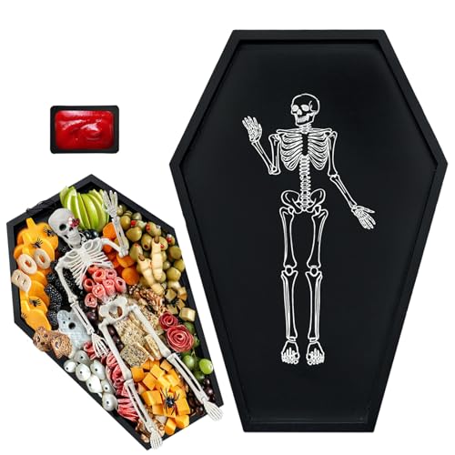 OurWarm Halloween-Charcuterie-Brett aus Holz, schwarzer Sarg, Serviertabletts und -platten mit Skelett und Dip-Untertasse, gruseliges Halloween-Tablett für Lebensmittel, Snacks, Süßigkeiten, Käse von OurWarm