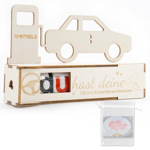 Führerschein Bestanden Geschenk, Geldgeschenk Verpackung Holz mit Grußkarte, Tankgutschein Geschenkbox Führerschein Gutschein für Freunde, Familie von Ourdort