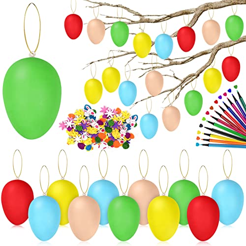 Ourdort Ostereier Deko Plastik,30 STK Aufhängen Eier mit 12 Farbpinsel,Kunststoffeier Bunt,Ostern Kunststoff Eier,Gefälschte Eier für Kinder DIY-Malerei,Deko-Eier,Ostereier zum Aufhängen von Ourdort