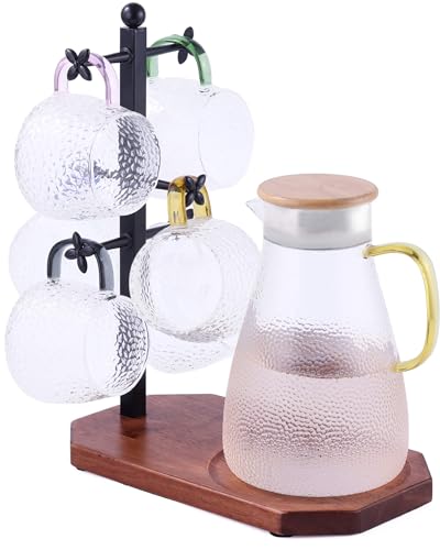 Tassenhalter für Große Tassen, Tassenständer mit Halter für Kaffeekanne, Tassenbaum mit 6 Haken & Holzablage, Kaffeebar Zubehör & Küchenorganizer von Ouseen