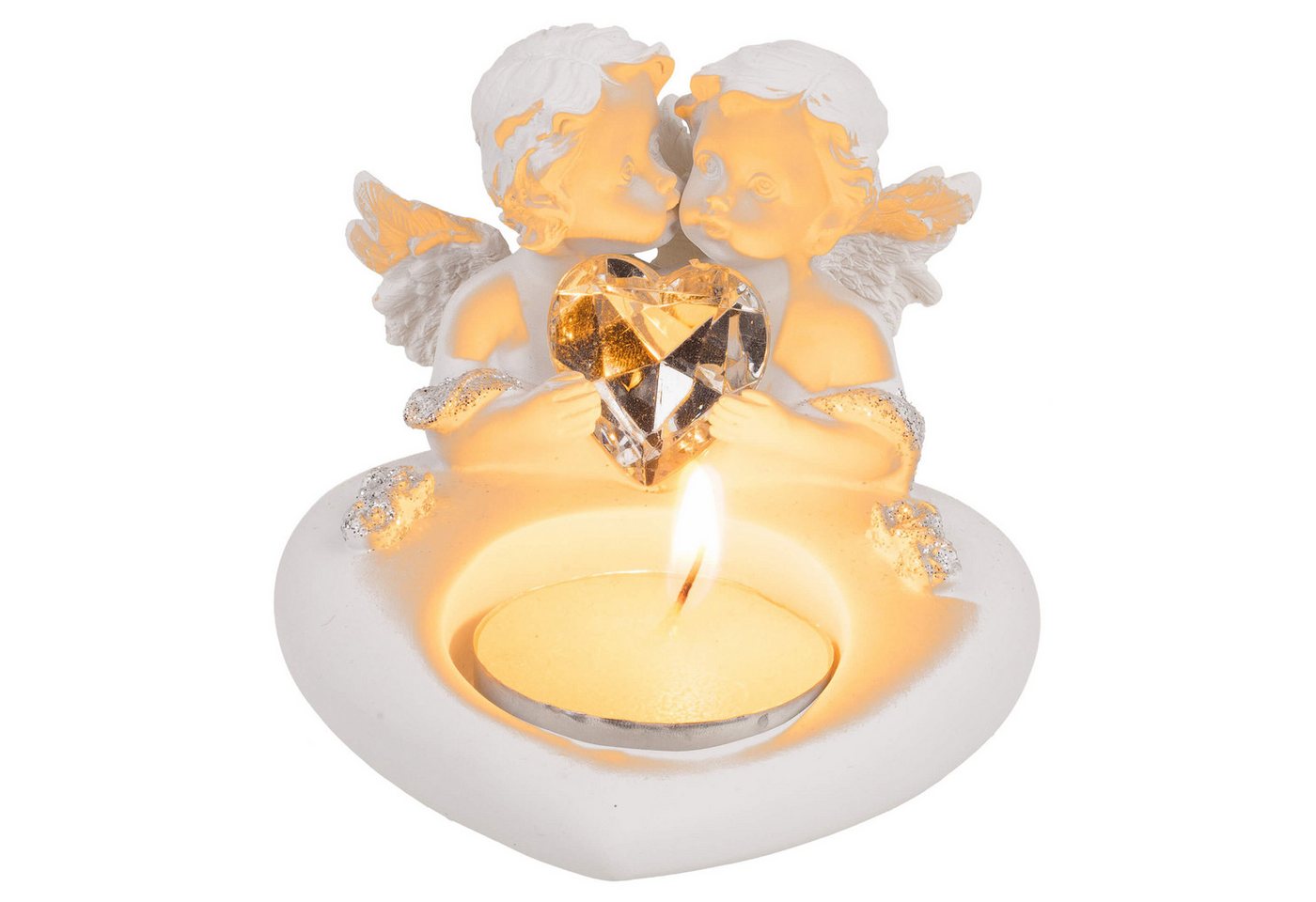 Out of the Blue Kerzenständer Teelichthalter Herz mit Engelsfiguren und Kristallherz, Weihnacht (1 St), Engelsfiguren mit Kristall-Deko-Element, Herzform von Out of the Blue