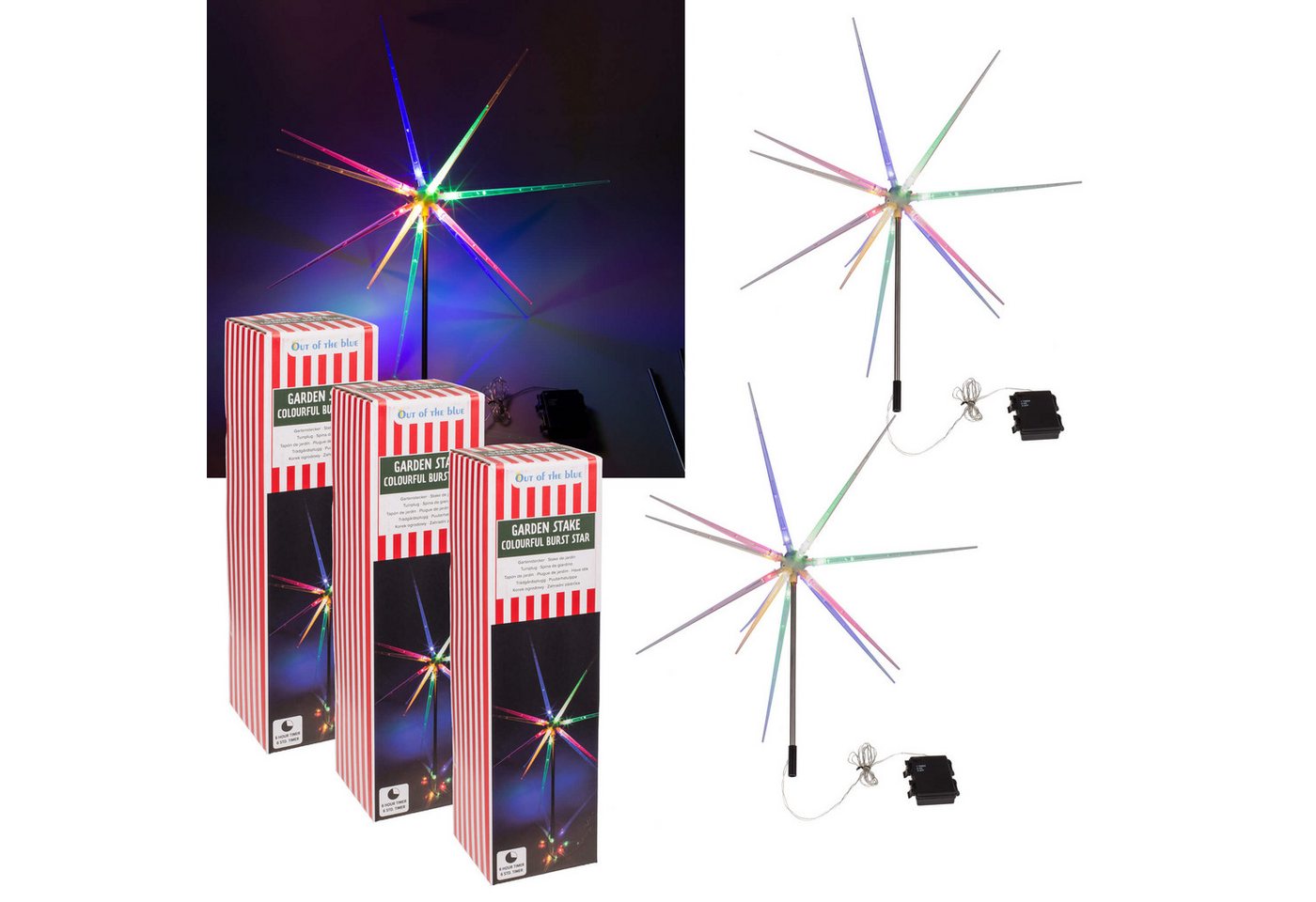Out of the Blue LED Dekolicht 3er Set 14 LEDs Gartenstecker Stern bunt Timer Batterie IP44, Timerfunktion, Ein-/Ausschalter, LED, 3er Set, mit 6-Std. Timer, IP44, 14 LEDs bunt Out of the Blue LED Dekolicht 3er Set 14 LEDs Gartenstecker Stern bunt Timer Batterie IP44, Timerfunktion, Ein-/Ausschalter, LED, 3er Set, mit 6-Std. Timer, IP44, 14 LEDs bunt von Out of the Blue