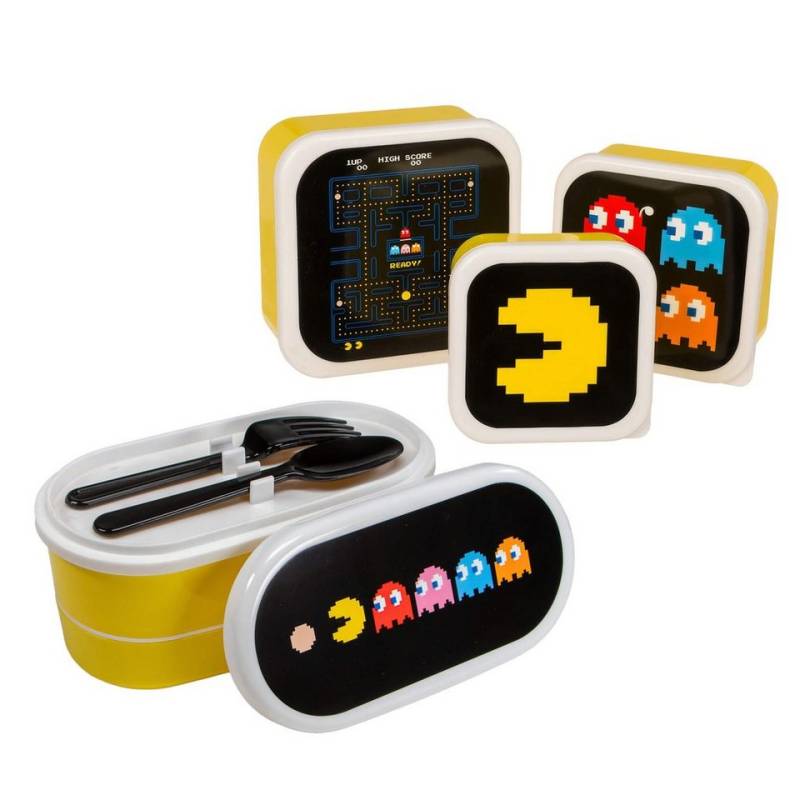 Out of the Blue Lunchbox Brotdose Pac-Man Lunchbox Snackdosen Set 4 in 1 mit Besteck, Kunststoff, (4-tlg), 4 Größen, mit Deckel, Besteck von Out of the Blue