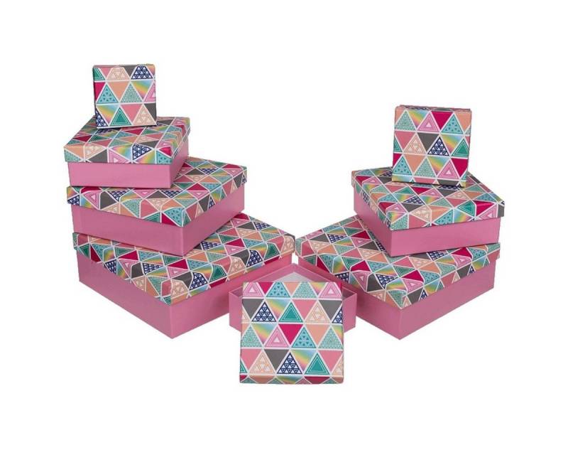 Out of the Blue Stapelbox Geschenkkarton Set mit 8 verschiedenen Größen in Rosa mit Dreiecken, mit abnehmbaren Deckel von Out of the Blue
