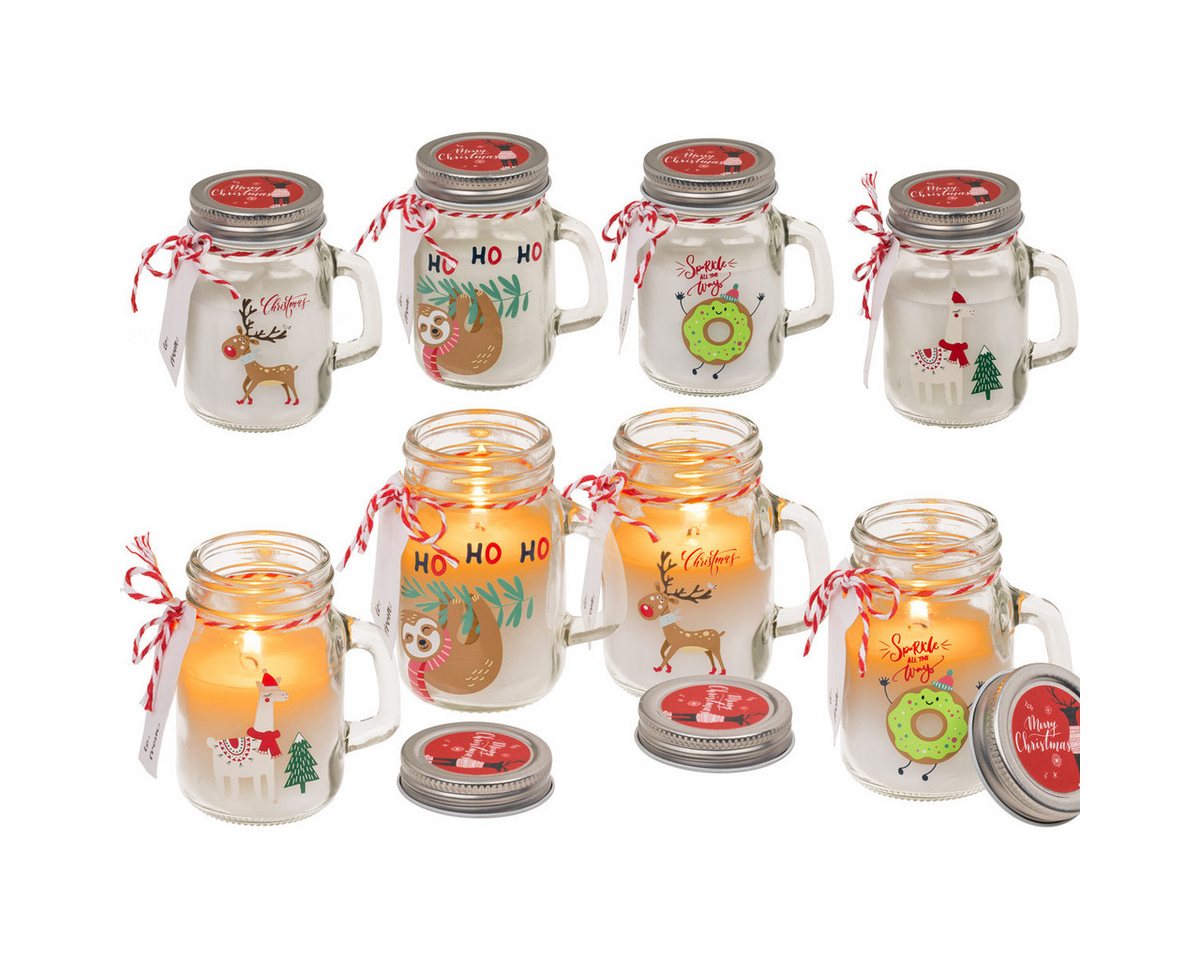 Out of the Blue Windlicht 4er Set Weihnachtskerzen im Glas, Windlicht Kerze, X-Mas Deko Kerzen (4 St), Weihnachtsmotiv, mit Geschenk-Kärtchen von Out of the Blue