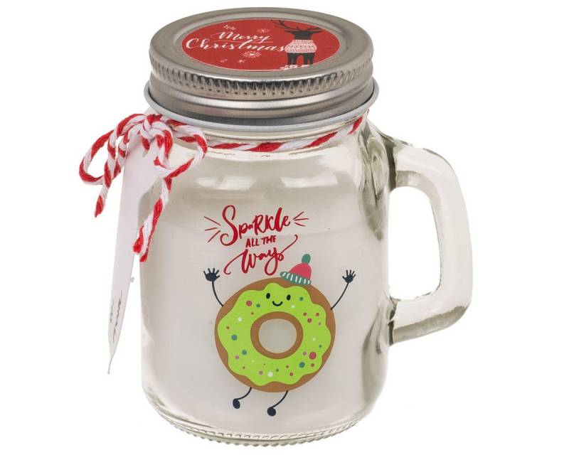 Out of the Blue Windlicht Weihnachtskerze im Glas, Donut, Windlicht Kerze, Dekokerze (1 St), Weihnachtsmotiv, mit Geschenk-Kärtchen von Out of the Blue