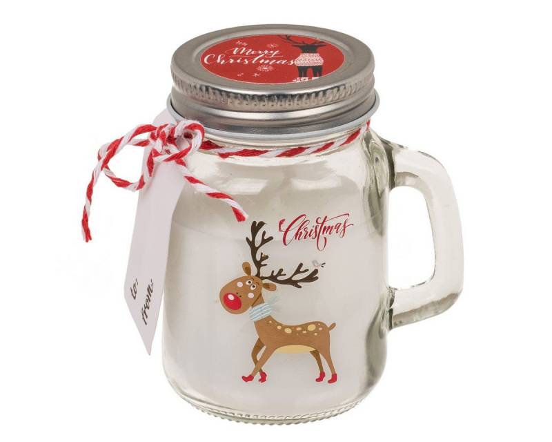 Out of the Blue Windlicht Weihnachtskerze im Glas, Rentier, Windlicht Kerze, Dekokerze (1 St), Weihnachtsmotiv, mit Geschenk-Kärtchen von Out of the Blue