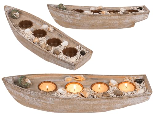 Holz-Boot für 4 Teelichte, Muscheldeko & Steine, ca. 36,3 x 11 x 9 cm, Beige von Out of the blue