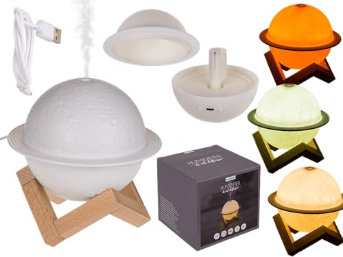 Luftbefeuchter/Öl-Diffuser, Planet, mit Holzstand, 3 Leuchtstufen & USB-Kabel, für ca. 110 ml, ca. 13,8 x 10,5 cm, aus Kunststoff, im Geschenkkarton, Weiß von Out of the blue