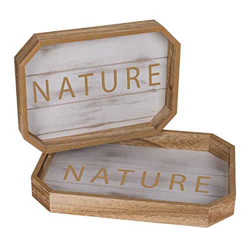 Tablett mit Aufschrift "Nature", aus Holz, 2er Set, ca. 35,5 x 25,5 cm und ca. 30,5 x 22 cm, natur / weiß von Out of the blue